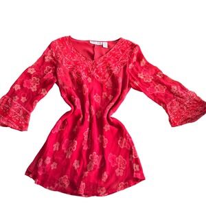 Victoria Holley Red 100% Silk Floral V-Neck Tunic Top Bell Sleeve Womens Size 16